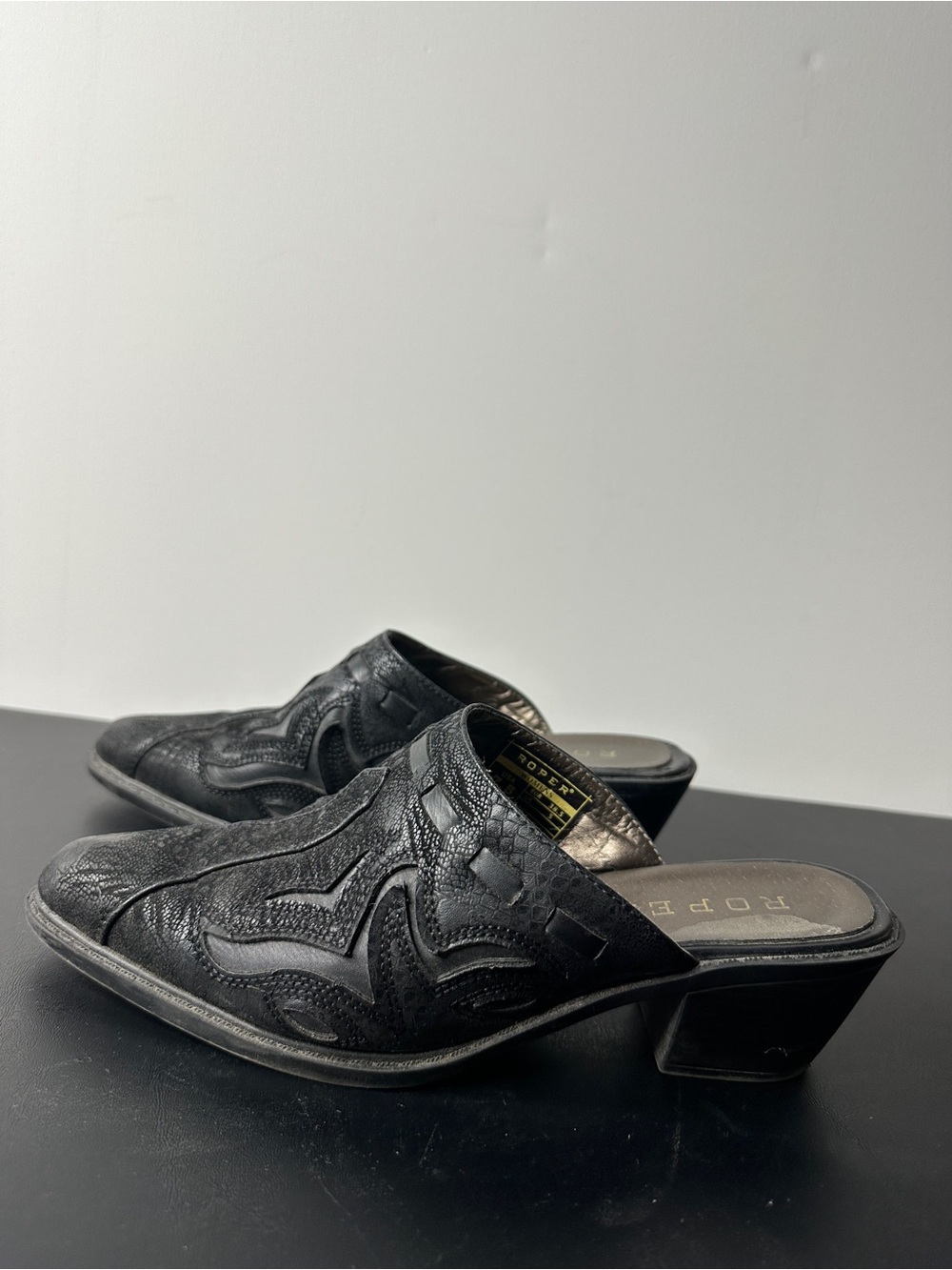 Roper Western Black Leather Megan Mules with Embossed Faux Snake Skin Design